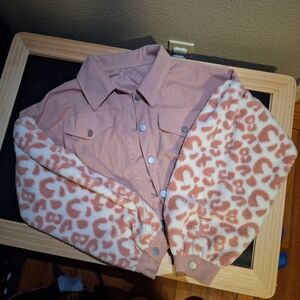 Cheetah Print Cropped Courdoroy Puff Sleeve Jacket